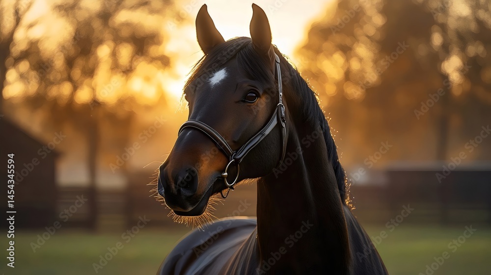 Obraz premium A majestic black horse with a bright white marking stands out in the soft morning sunlight.