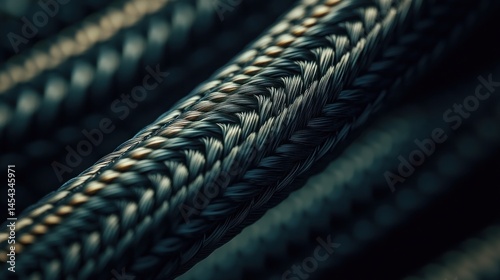 Close-up of braided dark cable texture, intricate patterns, background of more cables. Use for technical illustrations