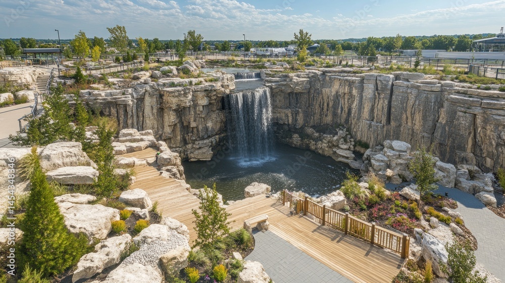 Obraz premium Man-made waterfall cascading into a pond