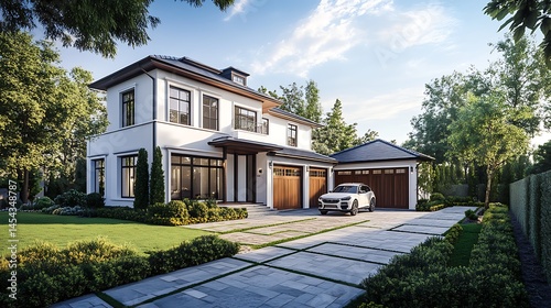 Luxurious suburban home with modern design and car in driveway.