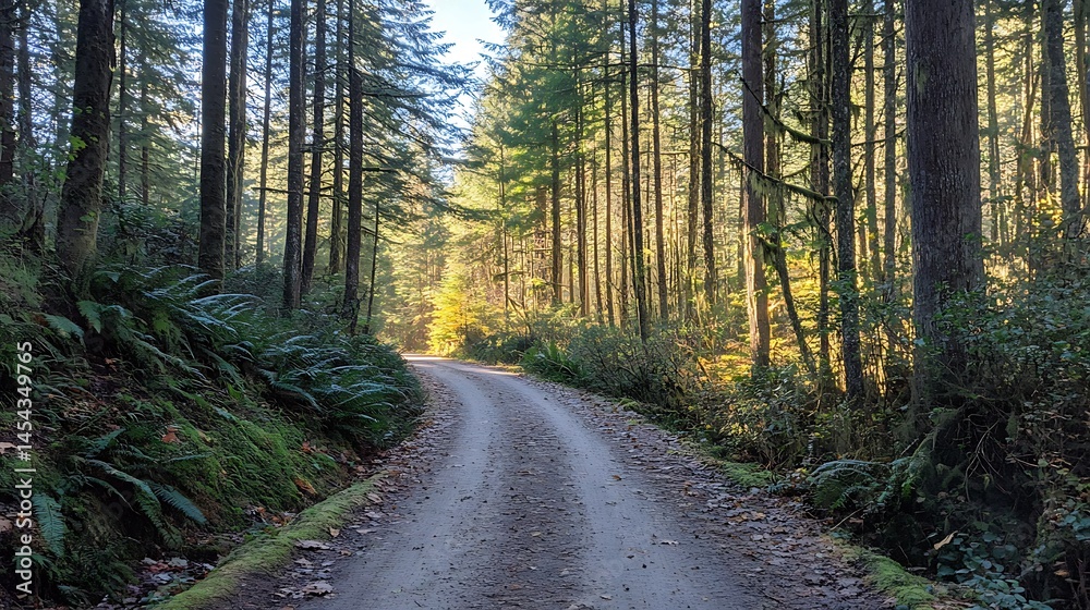 Obraz premium Sunlight filtering through a forest path.