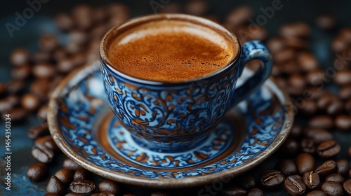 Aromatic Coffee Indulgence: Traditional Cup Surrounded by Roasted Coffee Beans