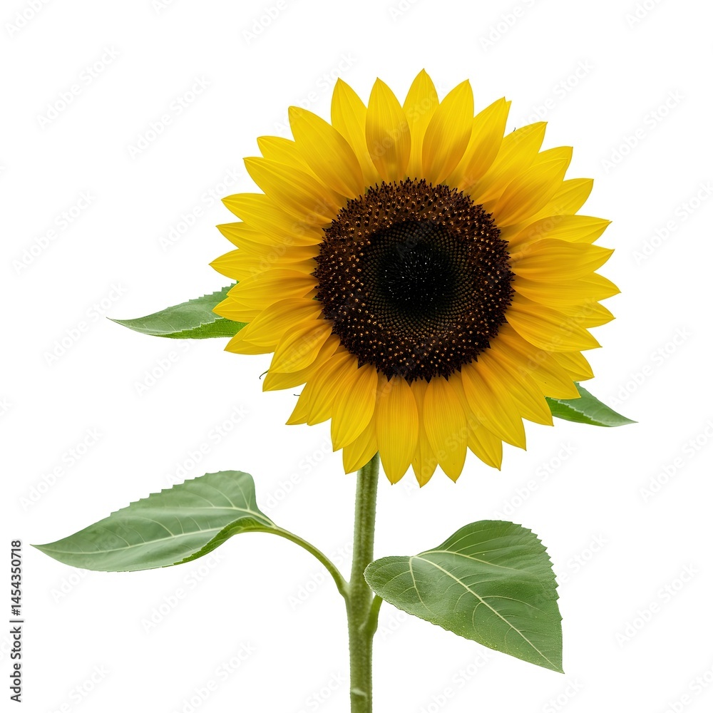 Fototapeta premium Vibrant Yellow Sunflower with Stem and Leaves