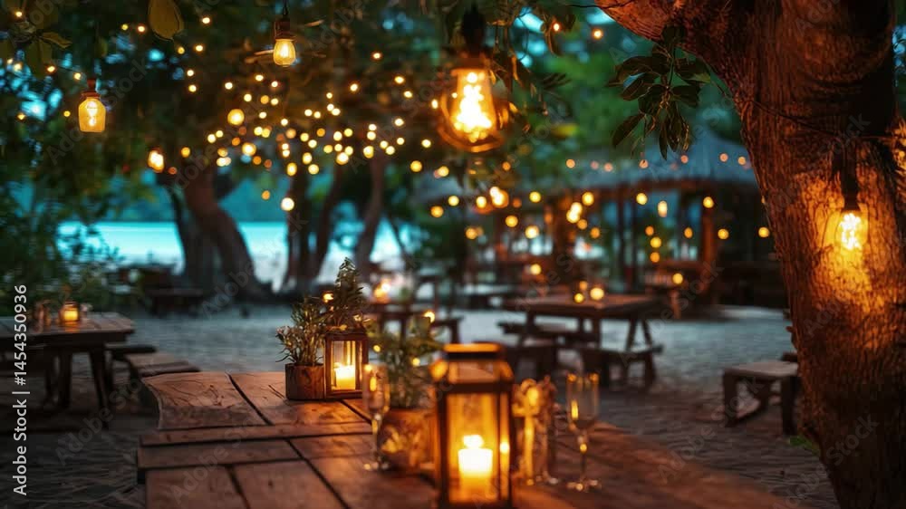 Beachside restaurant with tables lit by candles and lanterns. The atmosphere is warm and inviting Beachside restaurant with tables lit by candles and lanterns. The atmosphere is warm and inviting