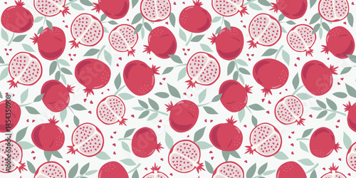 Pomegranate, slices, whole fruit, leaves. Seamless natural pattern with simple abstract fruit. Vitamin natural vegetarian food. Color flat illustration, graphics.