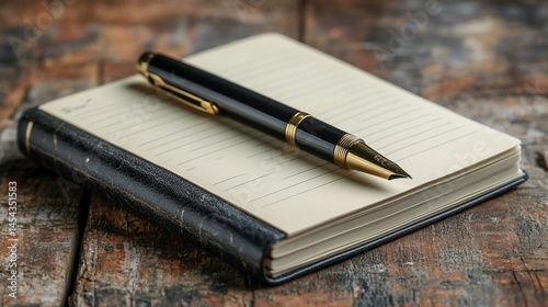 Elegant fountain pen resting on a textured notebook, rustic wood background
