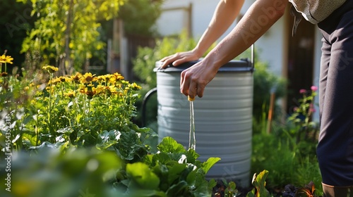 Harvesting Water from Rain Barrel in a Lush Organic Garden Environment