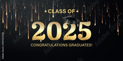 Vector illustration. Class of 2025 badge design template in black and gold colors. Congratulations graduates 2025 banner sticker card with academic hat for high school or college graduation