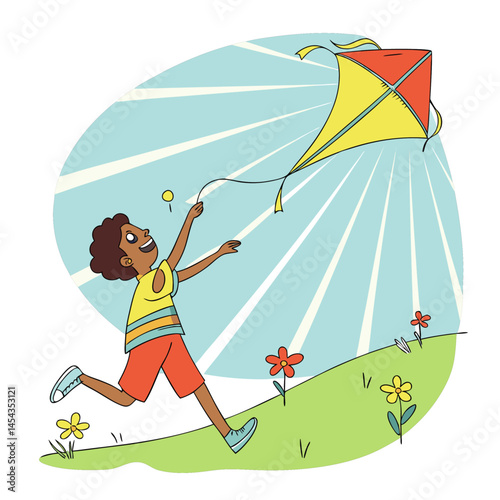Flat vector of a young boy flying a kite in an open field on a sunny day
