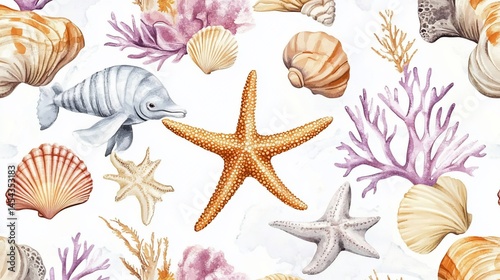 Delicate watercolor ocean pattern with seashells, starfish, and aquatic life