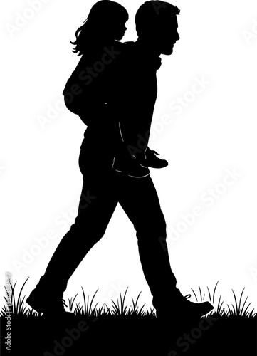 a 35 year ol man carry a little girl on his back and walk on grass in black and white silhouette in vector farm 