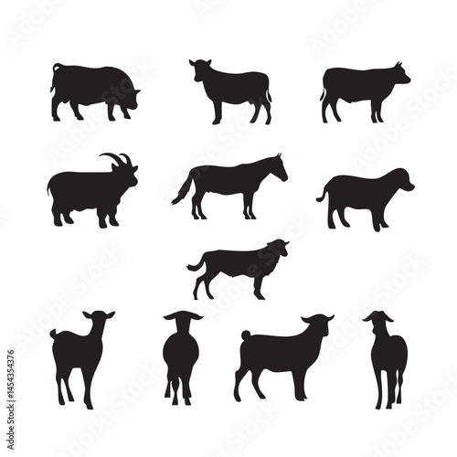 Silhouettes of farm animals black vector design graphics
