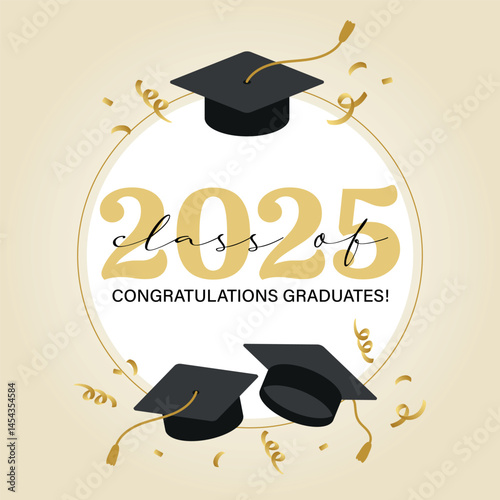 Vector illustration. Class of 2025 badge design template in black and gold colors. Congratulations graduates 2025 banner sticker card with academic hat for high school or college graduation