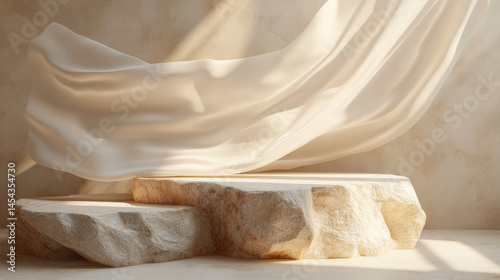 A beige stone podium with satin cloth floating above it, used as a premium 3D mockup for fashion or beauty product staging