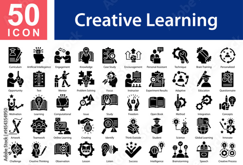 Creative Learning Icon Collection Set. Curriculum,Artificial Intellegence,Engagement,Knowledge,Case Study,Encouragement,Personal Assistant,Technique,Brain Training,Icon Symple Glyph Vector