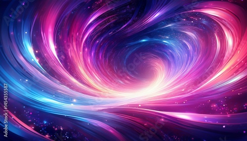an abstract background with a swirling vortex of sparkling lights in a dynamic array of pinks blues and purples resembling a journey through a cosmic galaxy
