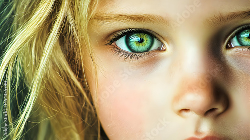 Close Up Portrait Of A Child With Bright Green Eyes