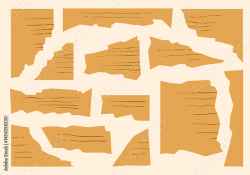 Vintage Brown Lined Torn Paper Scrap. A curated bundle of 13 brown torn paper scraps with jagged edges and hand drawn line textures in varied shapes. Perfect for journaling collage scrapbook design
