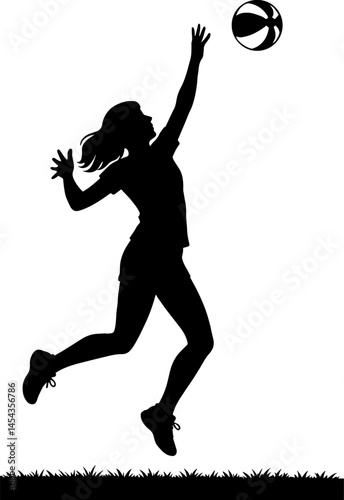Black silhouette art of female volleyball player silhouette white background