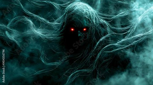 Mysterious Dark Figure With Glowing Red Eyes In Teal Fog