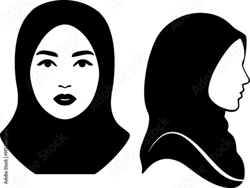 Muslim women face  in hijab in black and white silhouette asset 