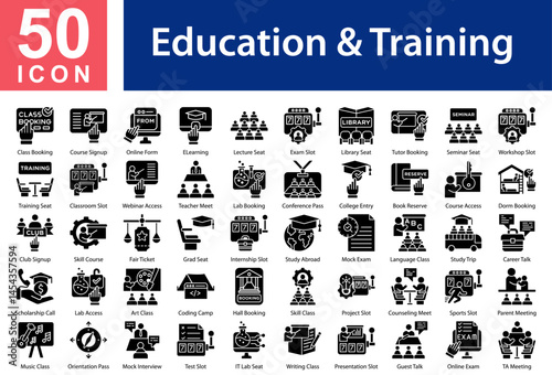  Education & Training Icon Collection Set.  Class Booking,Course Signup,Online Form,E-Learning,Lecture Seat,Exam Slot,Library Seat,Tutor Booking,Seminar Seat, Icon Symple Glyph Vector
