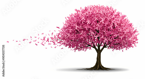 Pink Cherry Blossom Tree with Falling Petals in the Breeze