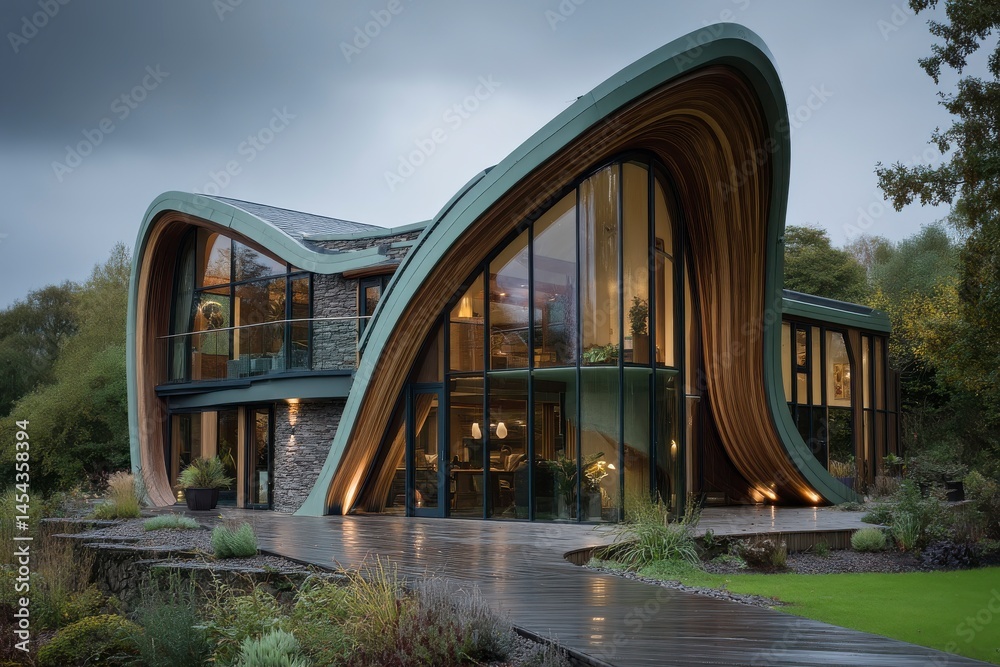 Fototapeta premium Stylish Eco Home Surrounded by Lush Green Landscape and Nature