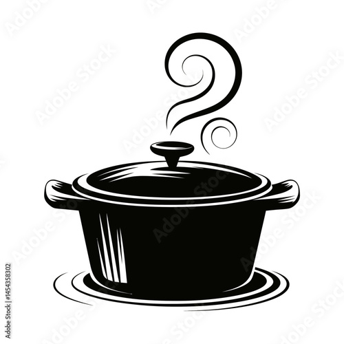 A black illustration depicts a cooking pot with a swirling steam that forms a question mark above it, suggesting mystery or curiosity