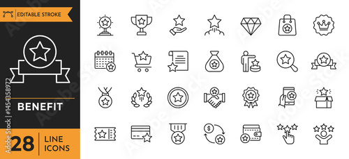 Benefit line icon set. Containing Reward, bonus, loyalty, star, winner, award, emploee, and more. Editable stroke. Vector illustration
