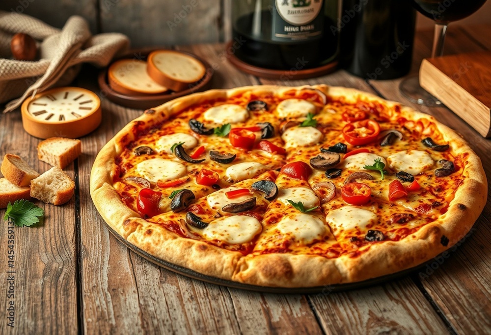 A mouthwatering Veggie pizza on a rustic wooden table A mouthwatering Veggie pizza on a rustic wooden table