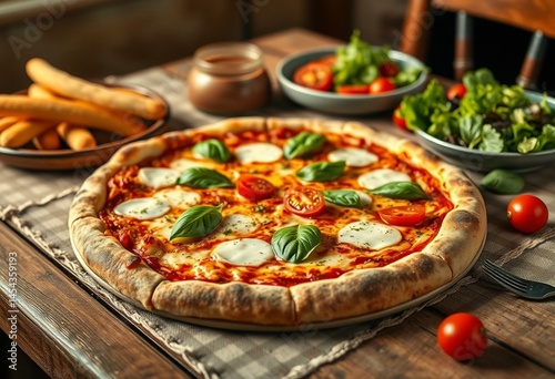 A delicious veggie pizza on a rustic wooden table