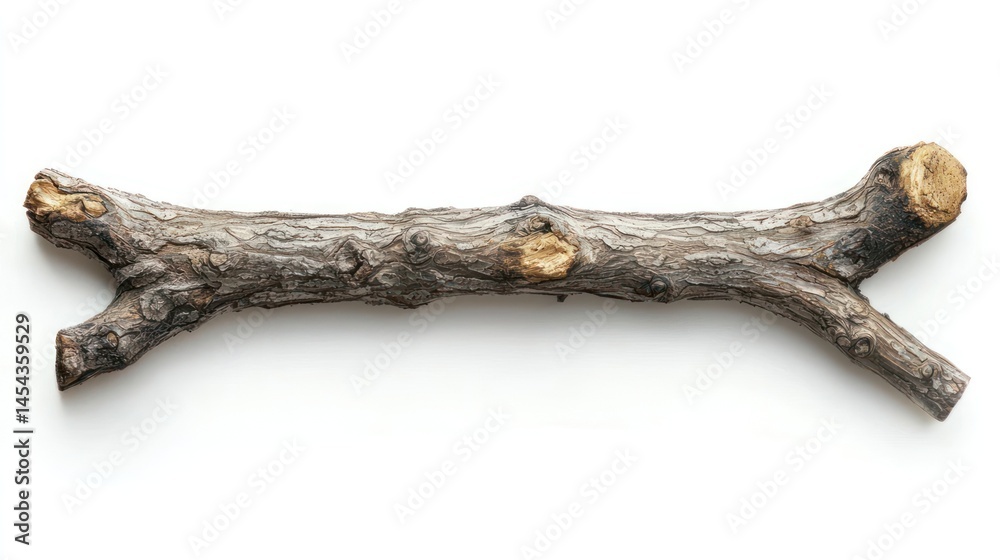 Fototapeta premium Stick with rough bark and knots, horizontal layout on white background