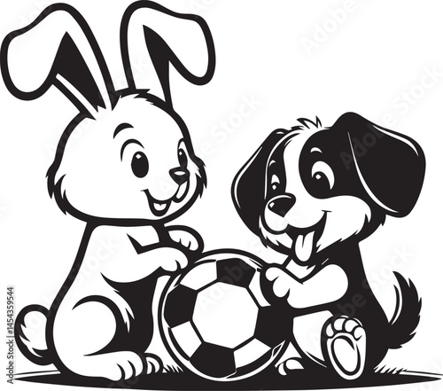 Cute cartoon rabbit and dog playing cricket. A whimsical black and white illustration of a rabbit and a dog playing cricket.