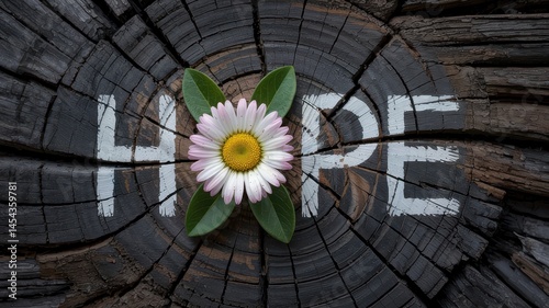 White daisy inside the letter H in rustic wooden typography spelling hope