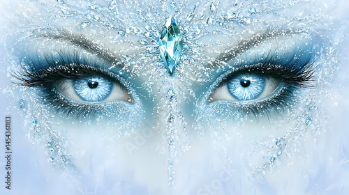 Close Up Frozen Woman Eyes With Sparkling Ice And Crystal
