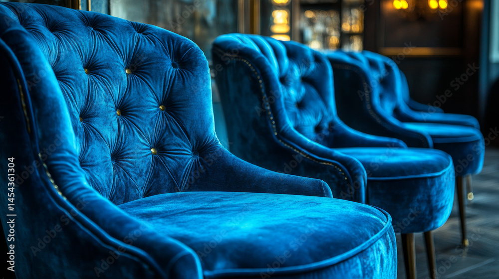 Obraz premium A neat row of plush blue velvet chairs forms a bold visual with their vivid color and elegant design