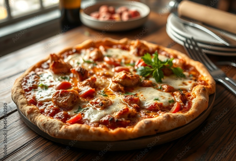 Barbecue chicken pizza with melted mozzarella cheese and fresh vegetables Barbecue chicken pizza with melted mozzarella cheese and fresh vegetables