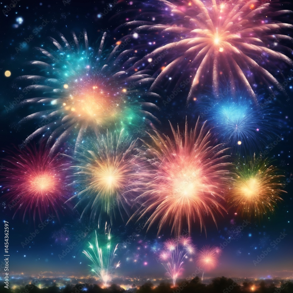 Dazzling display of fireworks bursting in a variety of colors against the night sky, symbolizing celebration festivity Dazzling display of fireworks bursting in a variety of colors against the night sky, symbolizing celebration festivity