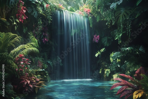 Serene jungle waterfall surrounded by tropical plants and misty atmosphere