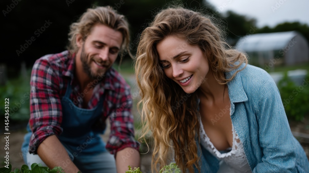 Fototapeta premium Happy Couple Gardening Together Outdoors in Garden or Farm During Daytime