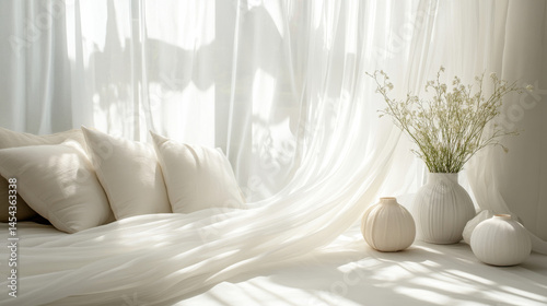 A sheer white fabric billows freely on a white background, emphasizing airiness and refinement