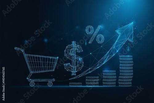 Shopping cart, dollar sign, and coins with rising arrow, business concept.