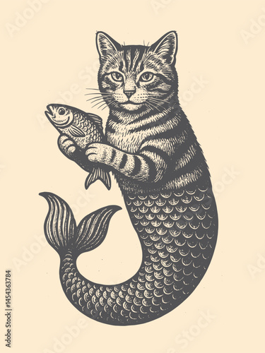 Cat mermaid holding fish — engraving black and white vector