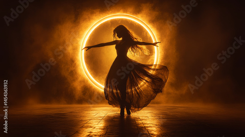 A silhouette of a woman dancing elegantly in front of a glowing circle of light, captured from a low angle