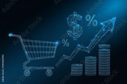 Shopping cart, dollar sign, arrow up and coin stacks on blue.