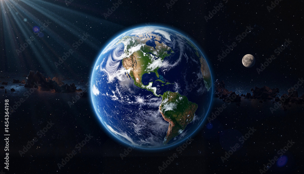 Fototapeta premium Earth in Space with Sunlight and Moon 