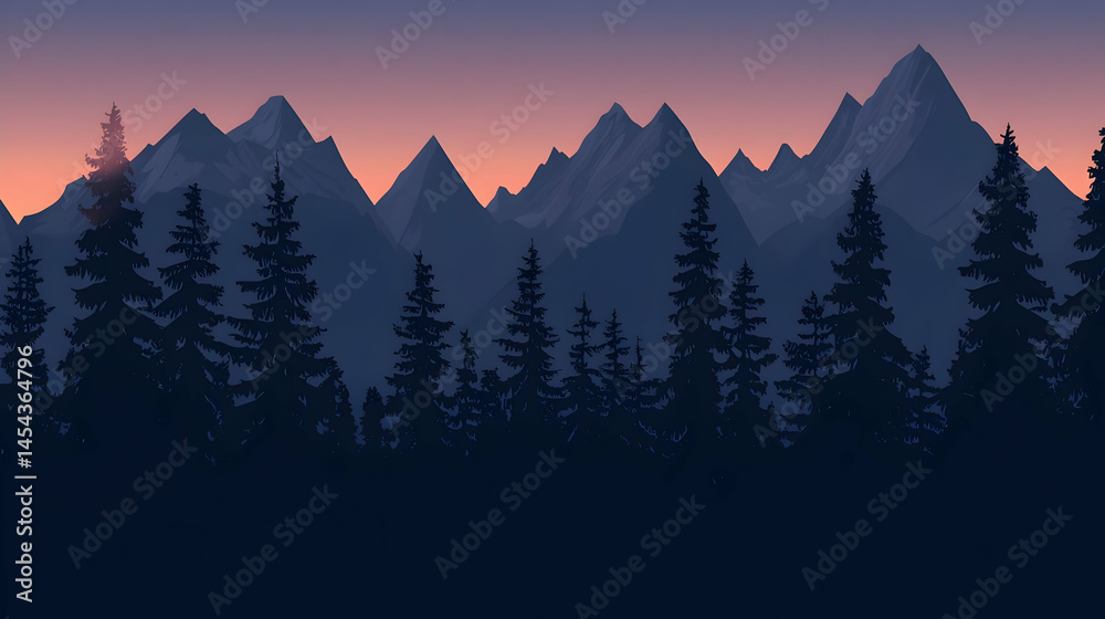 Fototapeta premium Silhouetted pine trees line a mountain range at sunset. A tranquil, peaceful landscape