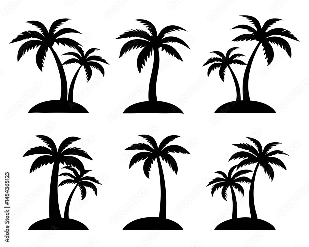 Fototapeta premium Set of 6 Tropical Islands with Palm Trees isolated on transparent background