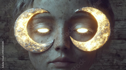 Woman Face With Illuminated Crescent Moon Shaped Accessories